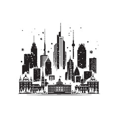 Obraz premium Black and White Winter City Skyline Vector — Modern Urban Silhouette Under Snowfall