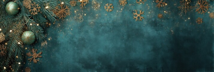 Christmas spruce branches with golden snowflakes and teal ornaments