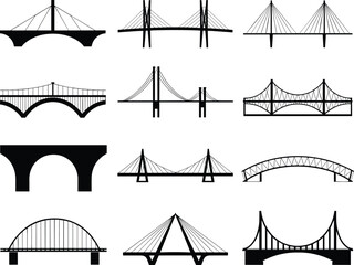 Collection of bridge silhouette icons showing various architectural designs, structural engineering styles, transportation infrastructure elements and city landmark illustration concepts