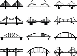 Collection of bridge silhouette icons showing various architectural structural designs for engineering, city infrastructure, transportation, skyline landmark and illustration use