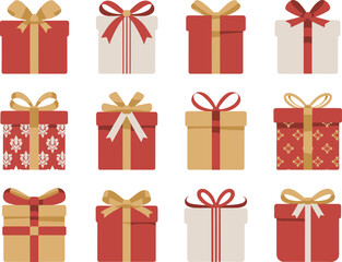 Collection of decorative gift box illustrations with bows, ribbons, patterns, festive celebration design elements for holiday, birthday, Christmas and event packaging