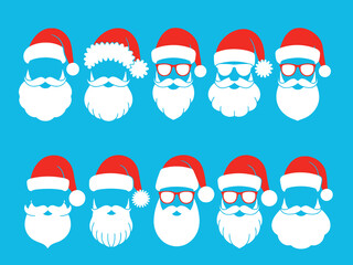 Collection of santa claus faces with red hats and white beards