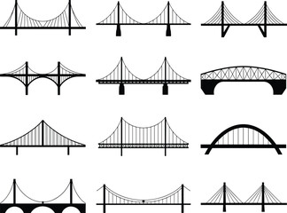 Collection of different bridge silhouette designs illustrating various architectural structures, engineering styles, transportation connection and urban infrastructure concepts in vector form