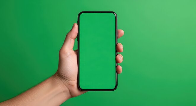 Hand holding modern smartphone with vibrant green screen for creative content integration