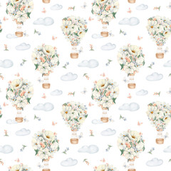 Nursery floral pattern with air balloons isolated white. White cosmos flowers on hot air balloons and clouds pastel print hand drawn. Watercolor repeat background for wallpaper kids room, textiles.