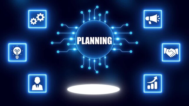 Digital concept of planning with interconnected icons and glowing central circle strategy organization