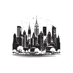Fototapeta premium Black and White Winter City Skyline Vector — Modern Urban Silhouette Under Snowfall