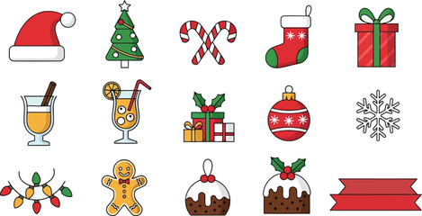 Christmas and New Year holiday icon set with Santa snowman tree gifts and decorations