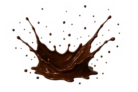 Chocolate liquid splashing, brown cocoa making a dynamic crown shape on a customizable, transparent background