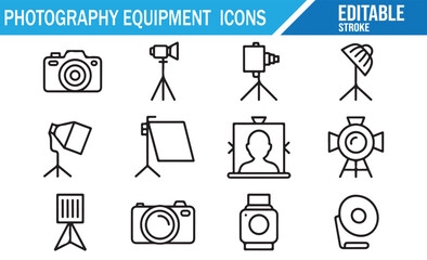 Fototapeta premium Collection of photography equipment linear icons showing cameras, tripods, lenses, lighting gear, flashes, backdrops, and studio accessories in editable stroke style for photography, videography, and 