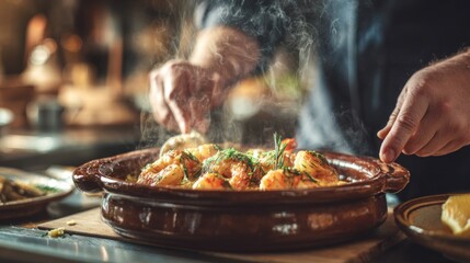 professional chef's hands carefully preparing sizzling shrimp casserole in a traditional clay pot, with golden melted butter and herbs. 