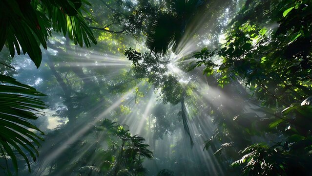 Sunlight filtering through the canopy of a tropical rainforest, creating a mesmerizing spectacle of light and shadow