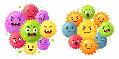Group of colorful cartoon virus characters with different facial expressions and emotions on a white background