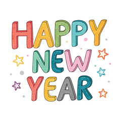 Colorful Happy New Year Vector Lettering | Hand Drawn Festive Celebration Card with Stars and Dots