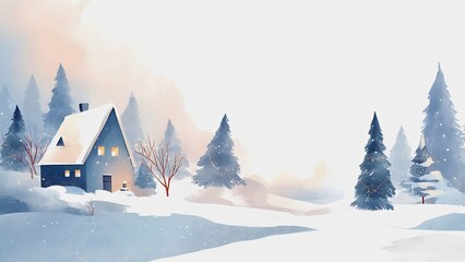 Cozy winter cabin in a snowy landscape, evoking a sense of serenity and warmth. The house's windows glow, and pine trees are covered in snow, creating a serene scene.