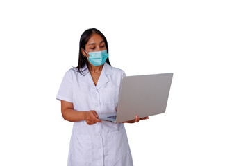 Healthcare professional woman in face mask using laptop, providing telemedicine consultation, standing on transparent background