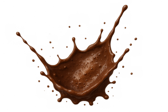Exploding chocolate splash and flying droplets forming an abstract liquid crown movement with transparent background