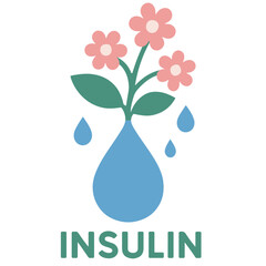 Insulin drops transforming into blooming flowers, symbol of hope and diabetic support, soft medical art