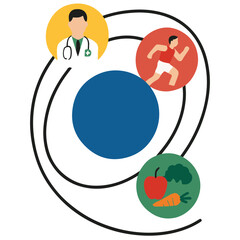 Blue diabetes circle turning into solar system, with people, doctors, sports, and nutrition planets, symbol of unity and health