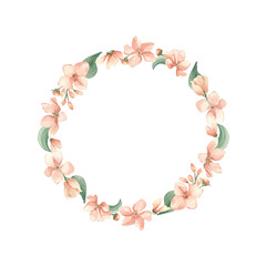 Little flowers wreath delicate watercolor isolated on white. Hand painted pink flowers, botanical foliage round frame. Floral elements in peach for girl birth and baby shower. Childish invitations.