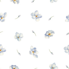 Soft Blue Floral watercolor seamless pattern isolated. Tiny flowers repeat for childish textile. Small scale floral print hand drawn. Repeat background pastel tones for bedding textile.