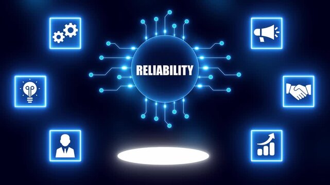 Digital concept of reliability with interconnected icons and central text on a dark blue background technology