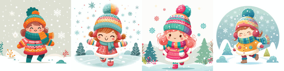 vector of a little girl walking in a snowy atmosphere