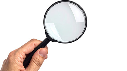 Hand holding a magnifying glass symbolizing search, inspection, analysis, and detailed observation on clean white background, isolated on transparent background, PNG.