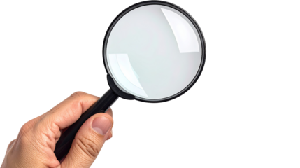 Hand holding a magnifying glass symbolizing search, inspection, analysis, and detailed observation on clean white background, isolated on transparent background, PNG.