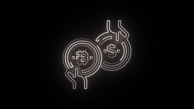 Glowing neon line exchange with rotating arrows. Currency transfer icon animation HD video isolated on black background.
