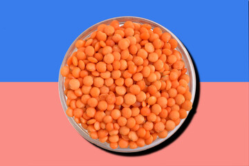 Red lentil seeds in a plate on a pink and blue background.