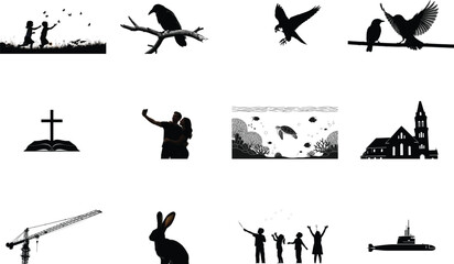 Children butterflies birds cross book couple underwater scene church crane rabbit bubbles submarine