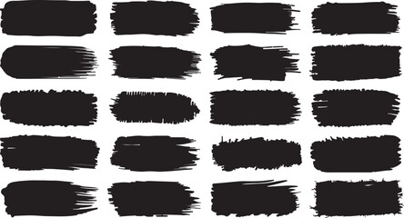 A diverse collection of 24 distinct black brush stroke elements perfect for adding artistic flair and texture to graphic design projects and illustrations