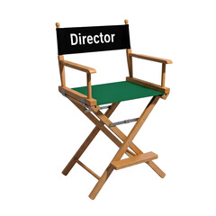Classic wooden director s chair with green fabric seat and backrest labeled director isolated on transparent background
