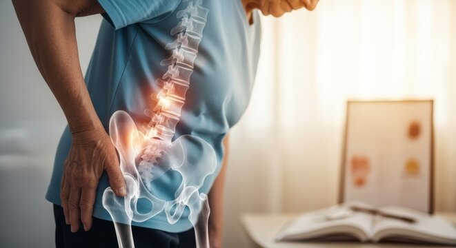 Spine Pain Diagnosis: Focus on the agony of lower back pain, a healthcare illustration providing information of potential discomfort in human skeleton. - Powered by Adobe