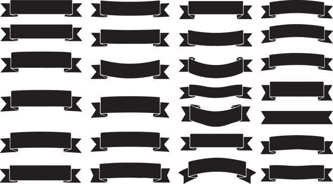 Collection of 24 elegant black ribbon graphics with diverse shapes and styles perfect for design projects and embellishments
