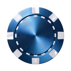 Close up of a single blue casino poker chip with white markings isolated on transparent background