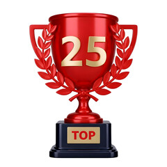 Shiny red trophy with golden number 25 and the word top on a black base isolated on transparent background