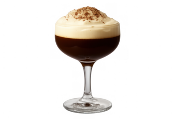Irish coffee serving in a stemmed glass, topped with fluffy whipped cream and a sprinkle of chocolate cocoa. Transparent background