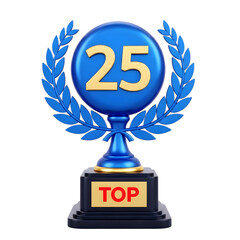 Shiny blue trophy with golden number 25 and a laurel wreath isolated on transparent background