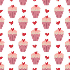 Cute Valentine Cupcake Seamless Pattern with Hearts