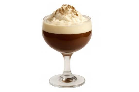 Irish coffee drink with whipped cream and cocoa powder on top, perfect for a cozy dessert or cocktail menu