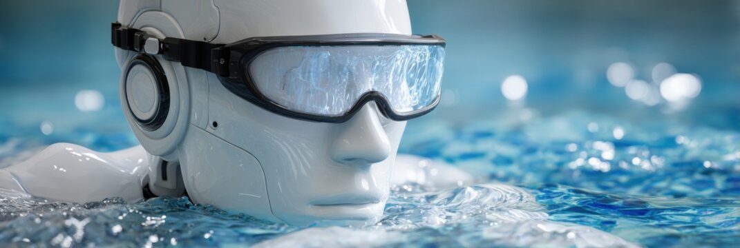 Robot Swimmer Prepares for Training in a Futuristic Pool Setting With Tinted Goggles