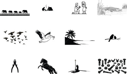 Elephants pelican couple horse pliers bolts herd grass