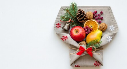 Festive arrangement of fruits and pinecones wrapped in cloth  