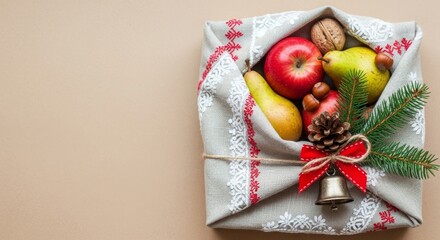 Decorative holiday gift wrap with fruits and pinecone centerpiece  