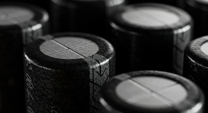 Closeup macro shot of black electrolytic capacitors