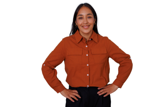 Young smiling woman standing with hands on hips, expressing confidence and corporate professionalism, transparent background - Powered by Adobe
