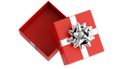 Exciting gift reveal with opened red box and silver bow for celebrations