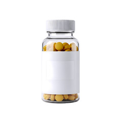 Clear glass medicine bottle filled with small yellow pills and a blank white label isolated on transparent background